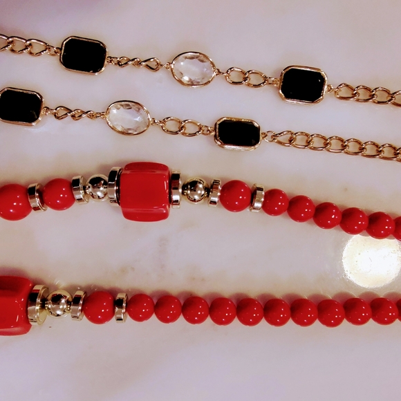 Red Chunky Long Necklace, Chain Necklace, Clip on Red Earrings (Lot of 3 Items) - Picture 1 of 4